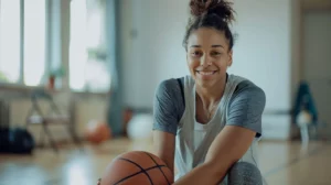 alt="Jeune femme noire de 20 ans, style basketteuse avec ballon, illustrant un soulagement de douleurs articulaires"