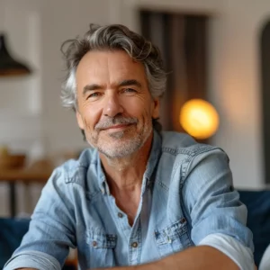 alt="Homme européen d’une cinquantaine d’années, souriant, illustrant le soulagement des douleurs cervicales grâce à la Tecarthérapie"