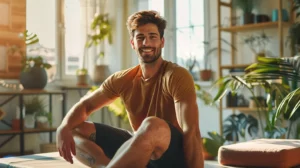 alt="Homme européen de 30 ans, heureux dans une lumière chaleureuse, illustrant un soulagement après une déchirure des tendons de la cuisse"
