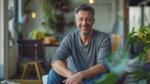 alt="Homme européen de 50 ans, souriant et soulagé, après une déchirure ligamentaire et du ménisque"