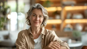 alt="Femme européenne de 50-60 ans, heureuse et apaisée, illustrant un soulagement après des douleurs au bras"