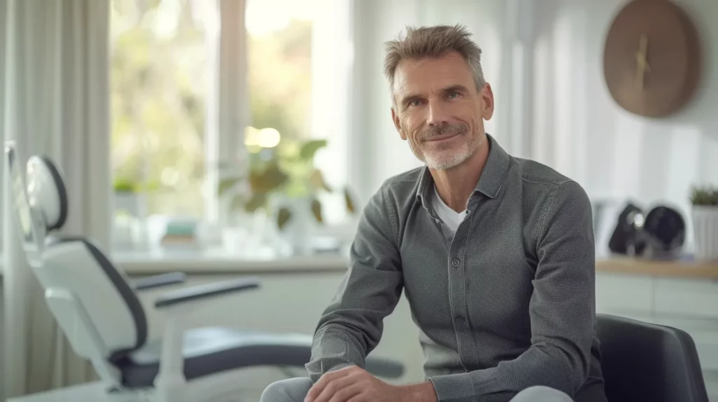 alt="Homme européen de 40 ans, dans un cabinet, air heureux, illustrant un soulagement après des douleurs au dos"