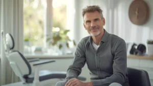 alt="Homme européen de 40 ans, dans un cabinet, air heureux, illustrant un soulagement après des douleurs au dos"