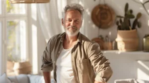 alt="Homme européen de 50 ans, heureux dans une ambiance chaleureuse, illustrant un soulagement après une lombalgie"