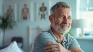 alt="Homme européen de 60 ans aux cheveux grisonnants, souriant, illustrant un soulagement d’une tendinite à l’épaule droite"