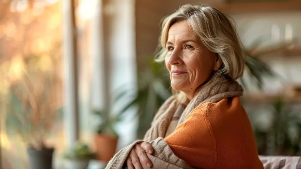 alt="Femme blonde de 40 ans, baignée de lumière, illustrant un soulagement après douleurs d’épaule liées à une capsulite"