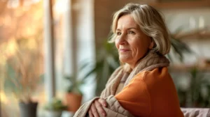 alt="Femme blonde de 40 ans, baignée de lumière, illustrant un soulagement après douleurs d’épaule liées à une capsulite"