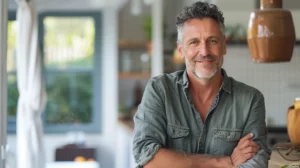 alt="Homme européen de 50 ans aux cheveux grisonnants, souriant, illustrant un soulagement des douleurs à la jambe"