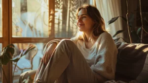 alt="Femme européenne de 30 ans, heureuse dans un intérieur cosy baigné de lumière chaude après une double entorse"