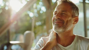 alt="Homme européen de 40-50 ans, main posée sur le cou, exprimant un soulagement après des douleurs cervicales"