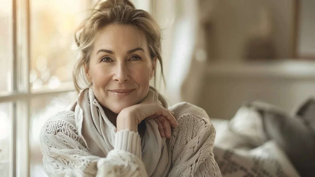 alt="Femme européenne de 40 ans, heureuse, dans une jolie lumière et une ambiance chaleureuse après des douleurs aux doigts"