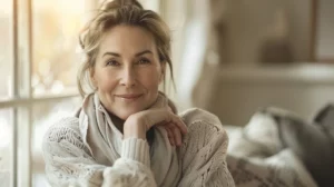 alt="Femme européenne de 40 ans, heureuse, dans une jolie lumière et une ambiance chaleureuse après des douleurs aux doigts"