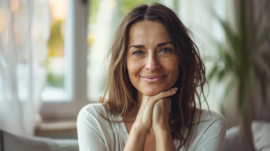 alt="Femme européenne de 50 ans, souriante aux cheveux châtain, illustrant un soulagement des douleurs aux mains"