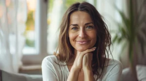 alt="Femme européenne de 50 ans, souriante aux cheveux châtain, illustrant un soulagement des douleurs aux mains"