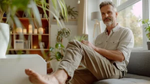 alt="Homme européen de 50 ans, jambe relevée et pied apparent, dans une ambiance calme illustrant un soulagement"