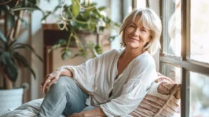 alt="Femme européenne de 60 ans, heureuse et apaisée, illustrant un soulagement après des douleurs capsuloligamentaires au pied"