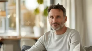 alt="Homme européen de 40-50 ans, air apaisé et sympathique, illustrant un soulagement après un accident"