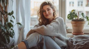 alt="Femme européenne de 30 ans, soulagée et souriante dans une ambiance cosy après une fracture du pilon tibial"
