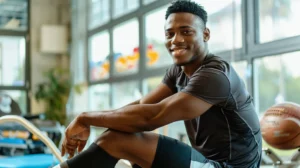 alt="Jeune homme noir de 20 ans au style footballeur, illustrant un soulagement des douleurs au genou liées au football"