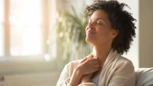 alt="Femme noire de 40 ans, expression apaisée et baignée de lumière, illustrant un soulagement après lymphocèle"