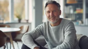 alt="Homme européen de 50-60 ans, heureux et apaisé, illustrant un soulagement après une mosaïque plastie du genou"