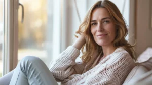 alt="Femme européenne de 50 ans, devant une fenêtre, air apaisé dans une ambiance calme et chaleureuse, après une tendinite au pied"