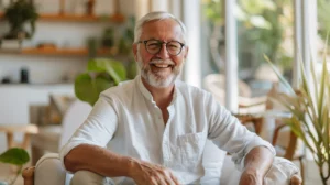 alt="Homme européen de 60-70 ans, souriant et heureux, illustrant un soulagement après une prothèse du genou"