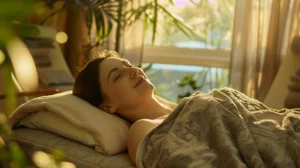 alt="Femme européenne allongée, recouverte d’une serviette, apaisée et heureuse après un massage relaxant"