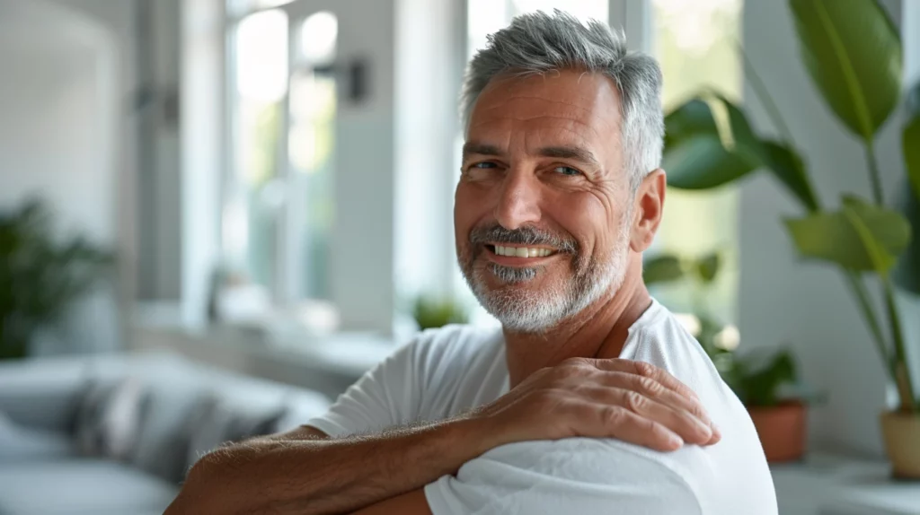 alt="Homme européen souriant d’environ 50 ans, illustrant un soulagement d’une tendinite à l’épaule droite"