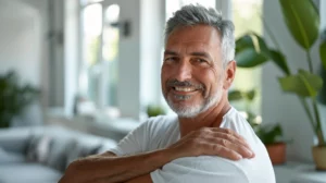 alt="Homme européen souriant d’environ 50 ans, illustrant un soulagement d’une tendinite à l’épaule droite"