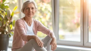 alt="Femme européenne souriante d’environ 60 ans, illustrant un soulagement d’une trochantérite bilatérale"