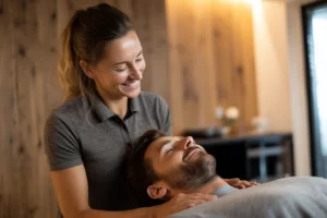 alt="Jeune kinésithérapeute en polo appliquant la Tecarthérapie sur un patient détendu, illustrant les bienfaits du soin"