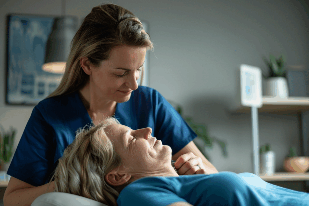 alt="Thérapeute européenne appliquant la Tecarthérapie à un patient souffrant de douleurs diverses, dans une ambiance apaisante"