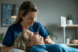 alt="Thérapeute européenne appliquant la Tecarthérapie à un patient souffrant de douleurs diverses, dans une ambiance apaisante"