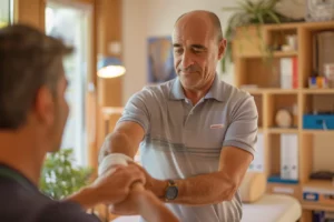 alt="Kinésithérapeute en polo traitant une douleur tendineuse avec la Tecarthérapie sur le bras d’un patient dans un cabinet lumineux"