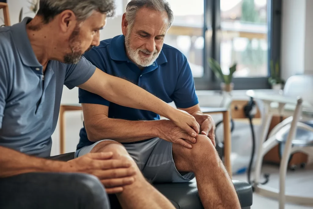 alt="Kinésithérapeute en polo traitant une lésion musculaire avec la Tecarthérapie sur la jambe d’un patient dans un cabinet chaleureux"