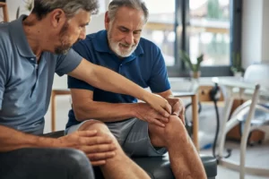 alt="Kinésithérapeute en polo traitant une lésion musculaire avec la Tecarthérapie sur la jambe d’un patient dans un cabinet chaleureux"
