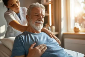 alt="Kinésithérapeute appliquant la Tecarthérapie sur l’épaule d’un patient pour traiter une douleur du membre supérieur"