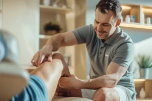 alt="Kinésithérapeute en polo appliquant la Tecarthérapie sur la jambe d’un patient souffrant d’un œdème post-traumatique"