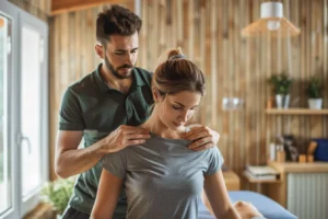 alt="Jeune kinésithérapeute en polo traitant une récidive de tendinopathie avec la Tecarthérapie dans un cabinet chaleureux"