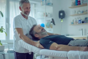alt="Kinésithérapeute accompagnant un patient en rééducation avec la Tecarthérapie dans un cabinet lumineux et apaisant"