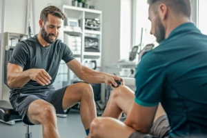 alt="Thérapeute européen appliquant la Tecarthérapie à un athlète après un entraînement intensif, dans un cadre professionnel"