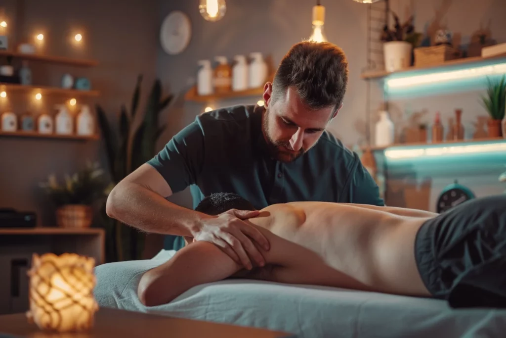 alt="Kinésithérapeute intégrant des techniques ostéopathiques à la Tecarthérapie dans un cabinet calme et chaleureux"