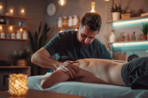 alt="Kinésithérapeute intégrant des techniques ostéopathiques à la Tecarthérapie dans un cabinet calme et chaleureux"