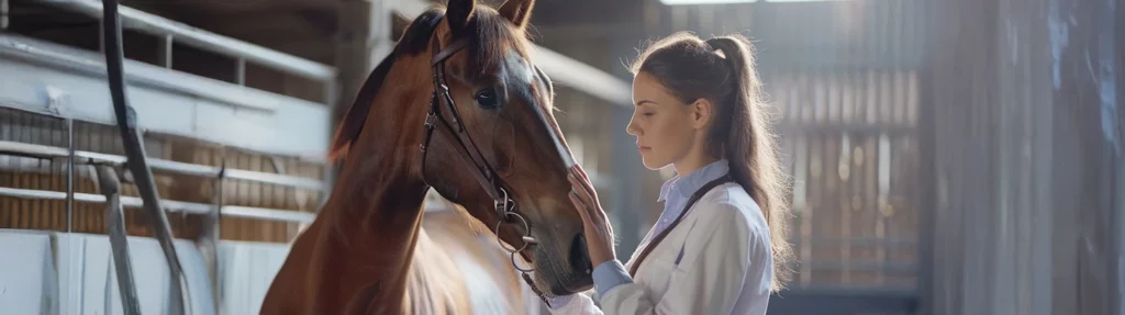 Cheval de sport calme aux côtés d’un soignant, illustrant les bienfaits de la Tecarthérapie pour la récupération équine